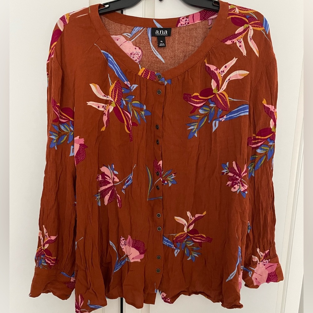 ANA Blouse Womens Medium L Long Sleeve Button Up Lightweight Floral brown